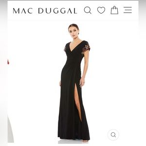 Mac Duggal 55709 Black Beaded Sleeve Faux Wrap Cocktail Gown Size 4